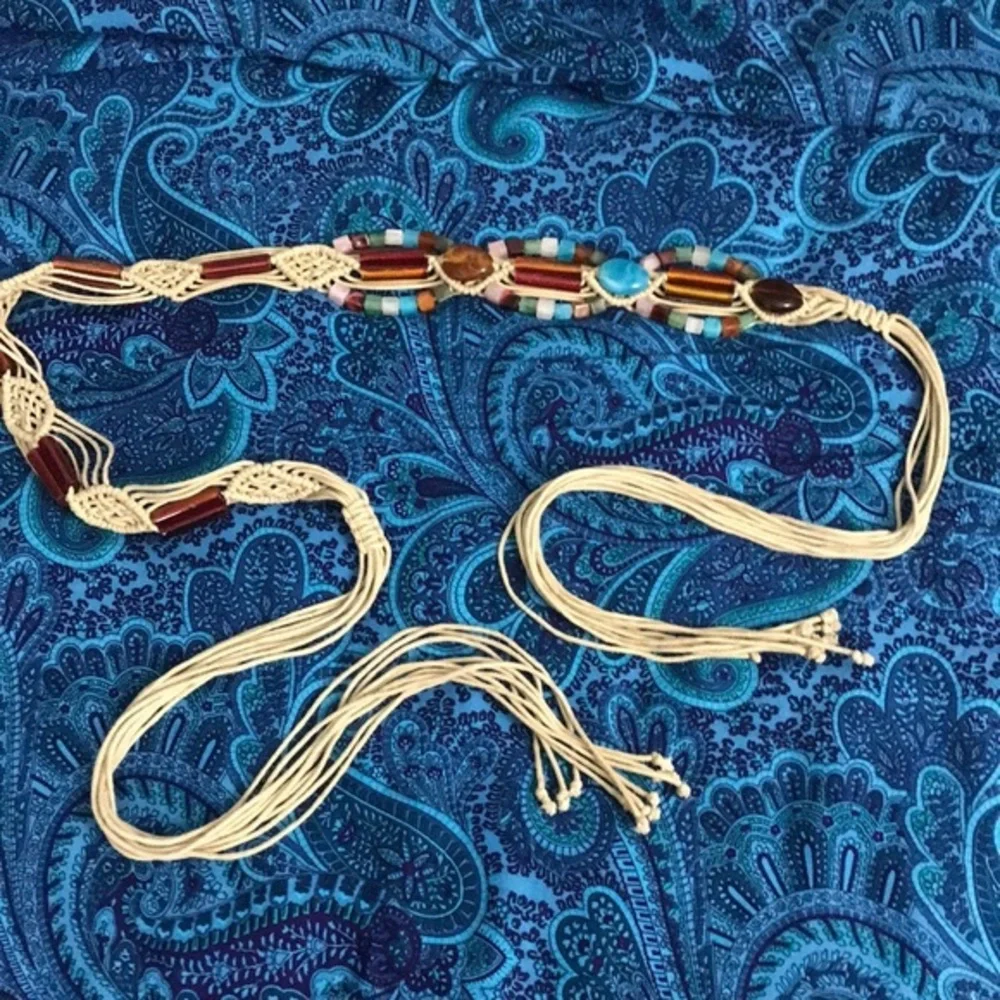 Vintage Macrame Beaded Belt, 67” long.